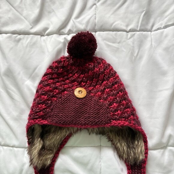 Pistil Aster Basket Weave Knit Earflap Pompom Red Festival Winter Fall Cap Hat - Picture 2 of 7